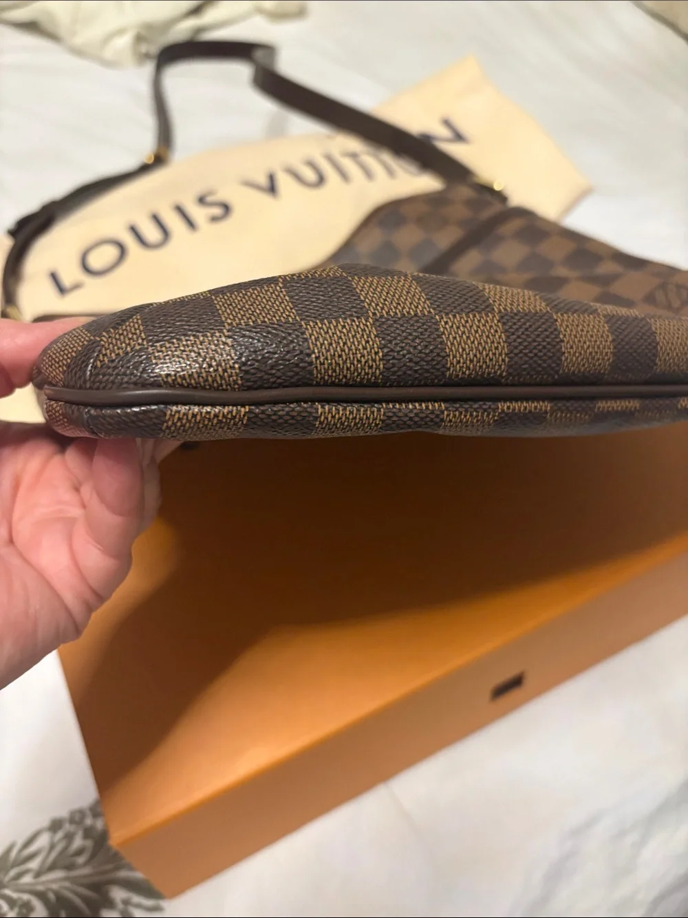 Louis Vuitton Damier Ebene Shoulder Bag with Dark Brown Trim and Gold Hardware